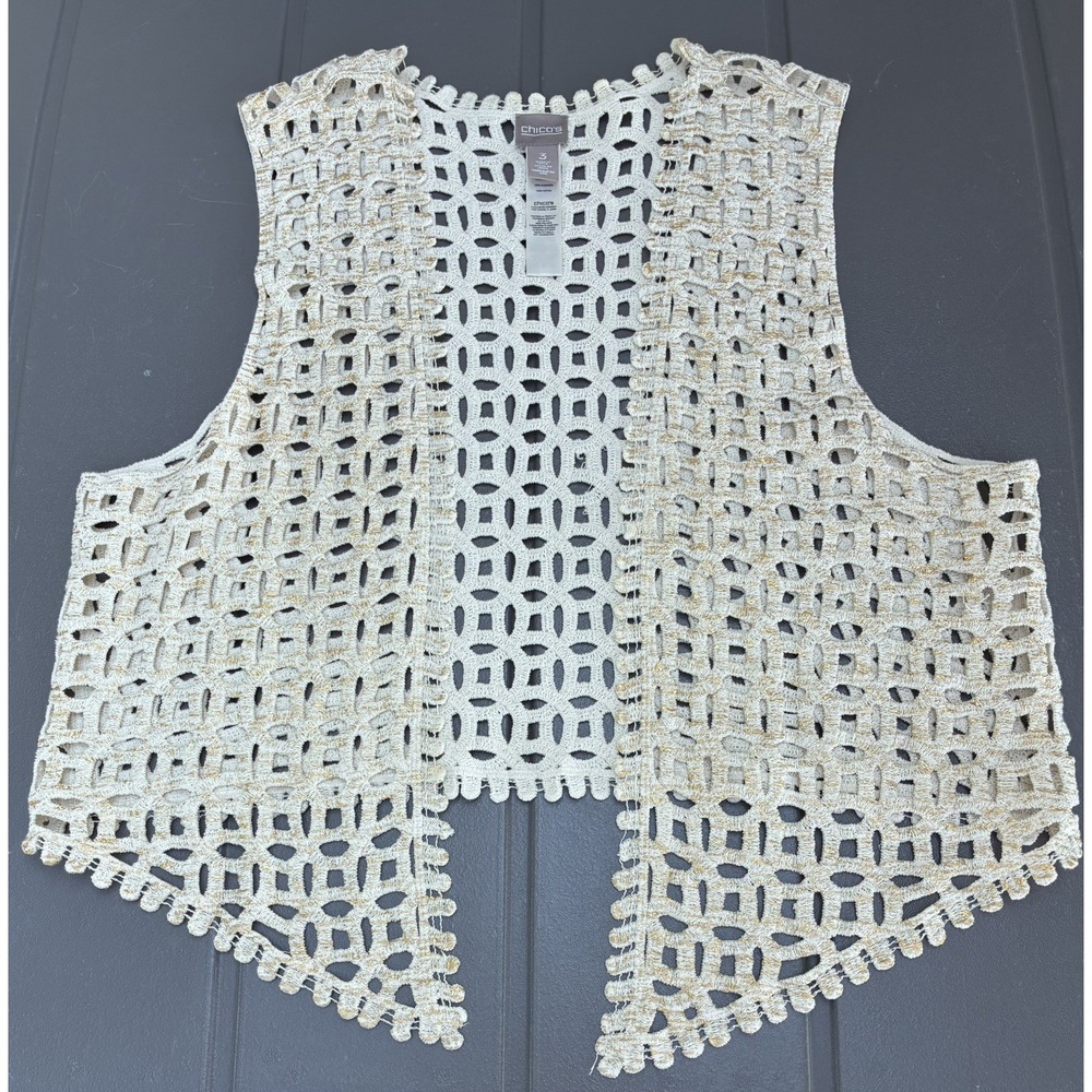 Chicos Crochet Knit Lace Vest Boho Cream and Gold  Size 3 Women's XL Vintage